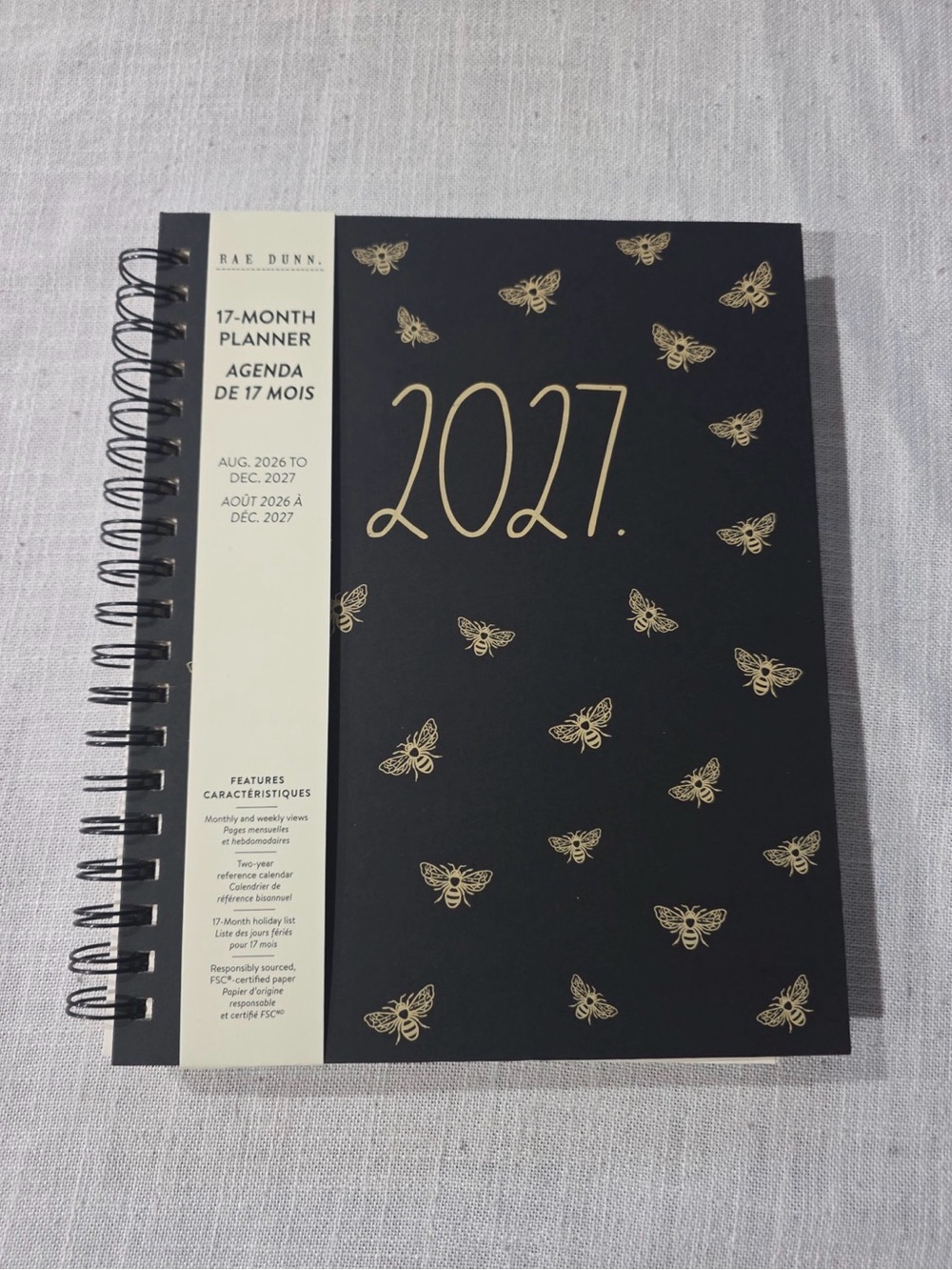 Rae Dunn Black & Gold 2027 Bee Spiral Planner